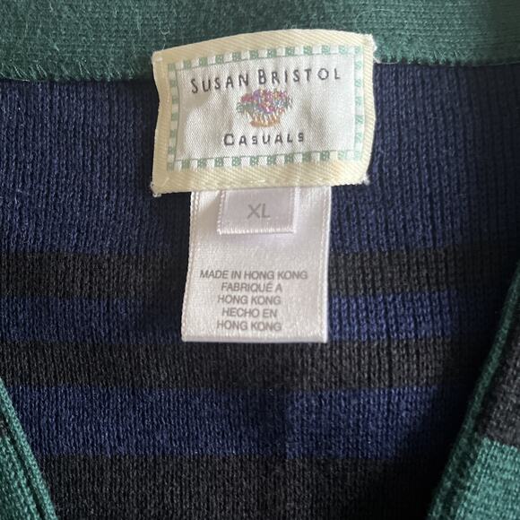 Susan Bristol Vtg Tunic Cardigan Sweater Blue Green Black Stripe Pockets Size XL - Picture 3 of 11